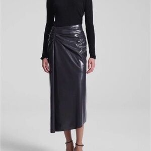 A.L.C. Black Faux Leather Wrap Midi Skirt Size 0 Draped Knot Front $850 Retail